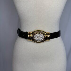 Vintage Fibbia Sz Small Black Snakeskin Belt Gold Rhinestone Buckle Maximalist